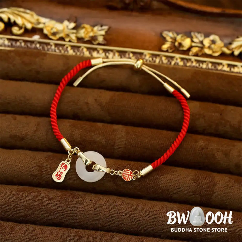 Buddha Stones White Jade Red String Fu Character Braided Blessing Bracelet - White Jade - Bracelet