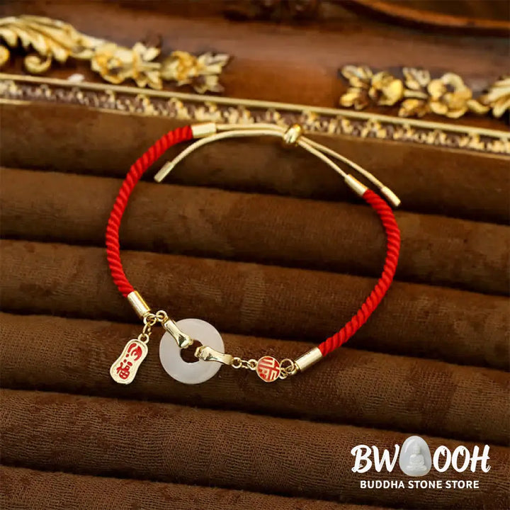 Buddha Stones White Jade Red String Fu Character Braided Blessing Bracelet - White Jade - Bracelet