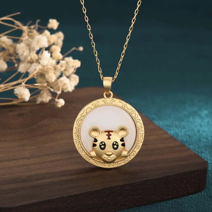 BWOOOH White Jade Year of the Tiger Blessing Necklace — natural white jade tiger pendant 33×25mm for protection, luck and harmony