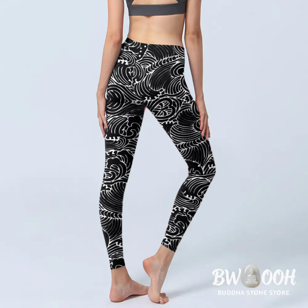 BWOOOH printed yoga leggings - White Line Waves Pattern Print Gym Leggi