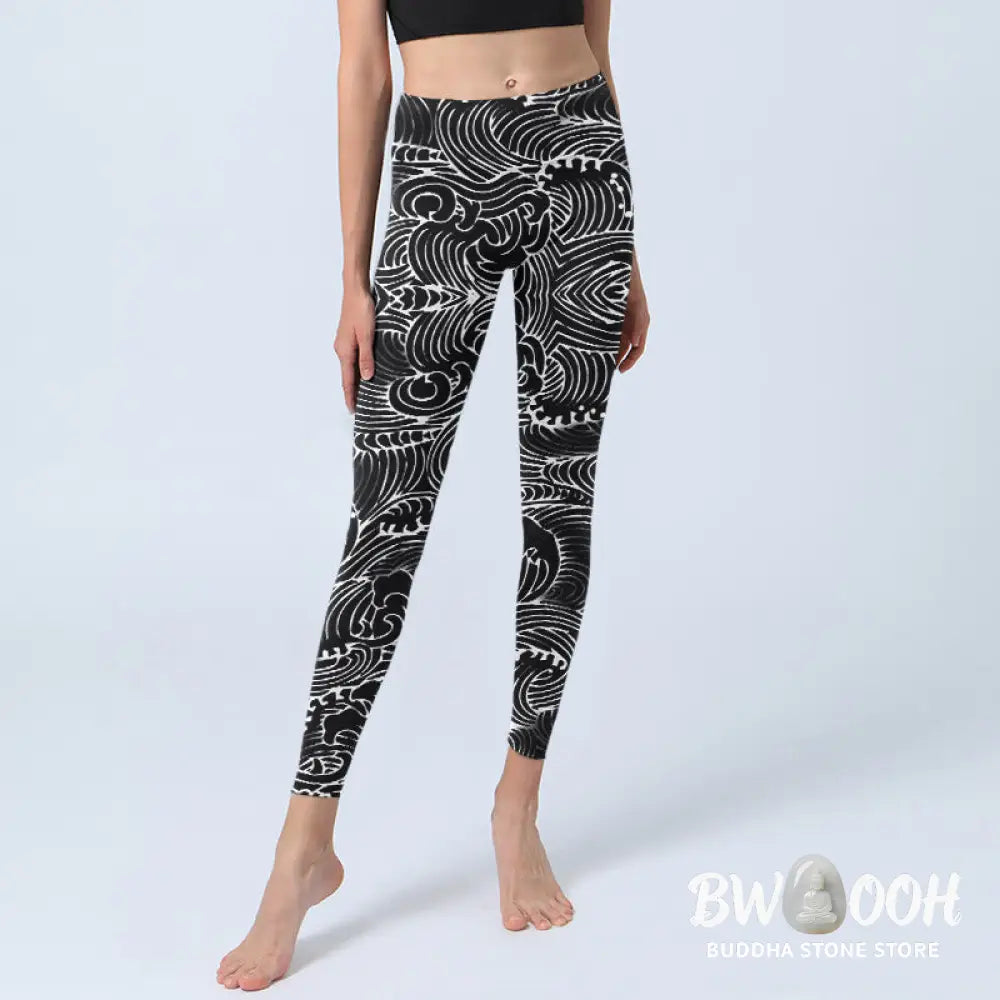 BWOOOH printed yoga leggings - White Line Waves Pattern Print Gym Leggi