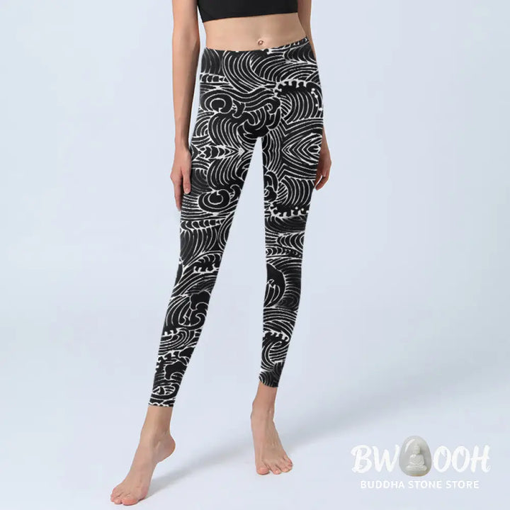 BWOOOH printed yoga leggings - White Line Waves Pattern Print Gym Leggi