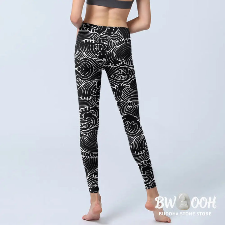 BWOOOH printed yoga leggings - White Line Waves Pattern Print Gym Leggi