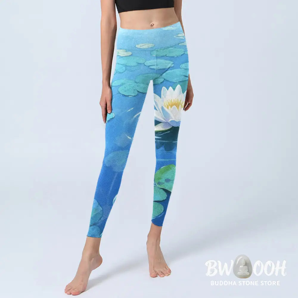BWOOOH lotus print yoga leggings - White Lotus Flower Green Lotus Leaves Pa