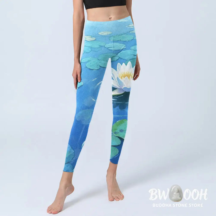 BWOOOH lotus print yoga leggings - White Lotus Flower Green Lotus Leaves Pa