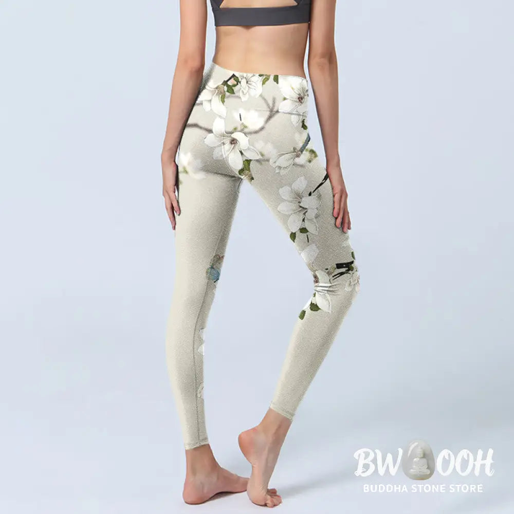 BWOOOH lotus print yoga leggings - White Magnolia Flower Print Sports Fitne