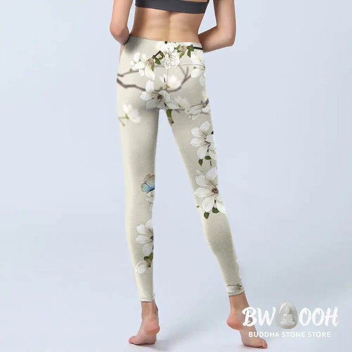 BWOOOH lotus print yoga leggings - White Magnolia Flower Print Sports Fitne