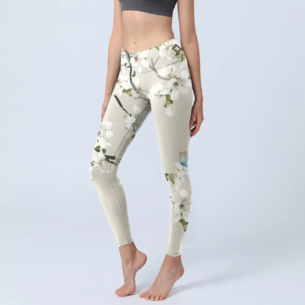 BWOOOH lotus print yoga leggings - White Magnolia Flower Print Sports Fitne