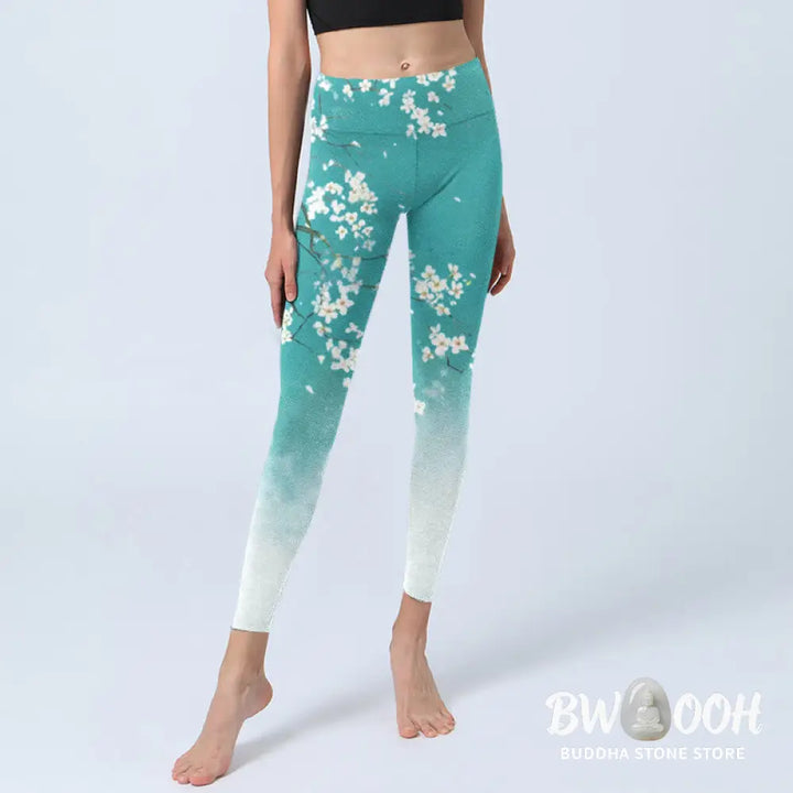 BWOOOH printed yoga leggings - White Pear Blossoms Print Gym Leggings W