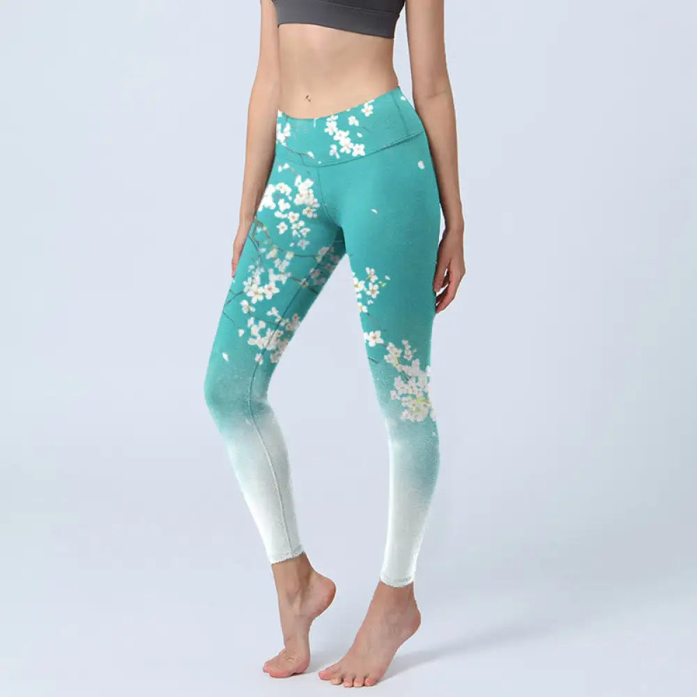 BWOOOH printed yoga leggings - White Pear Blossoms Print Gym Leggings W