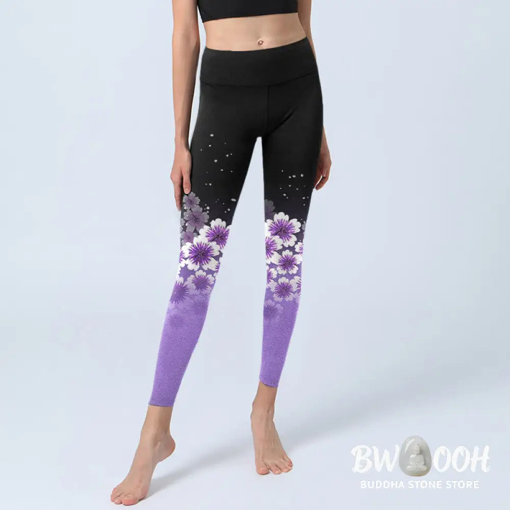 BWOOOH printed yoga leggings - White Purple Cherry Blossom Pattern Prin