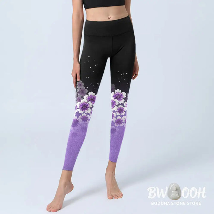 BWOOOH printed yoga leggings - White Purple Cherry Blossom Pattern Prin