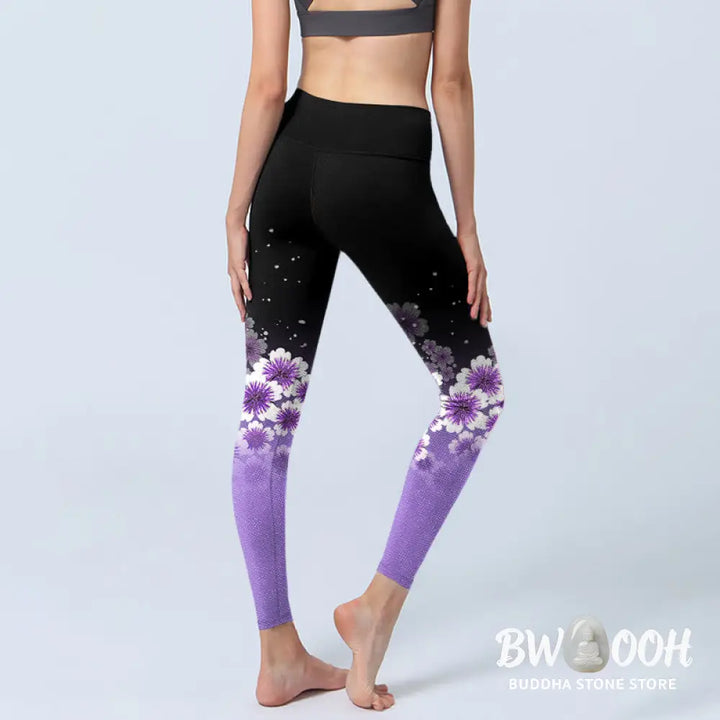 BWOOOH printed yoga leggings - White Purple Cherry Blossom Pattern Prin