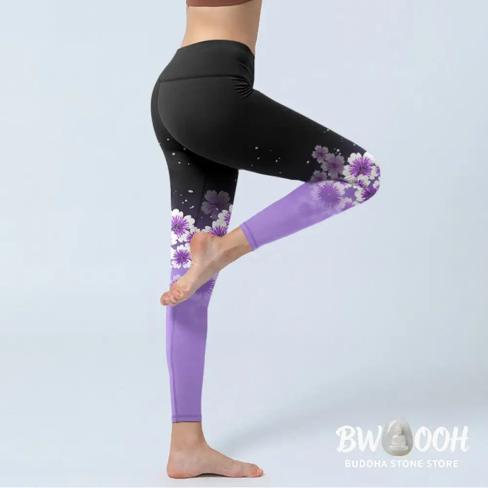 BWOOOH printed yoga leggings - White Purple Cherry Blossom Pattern Prin