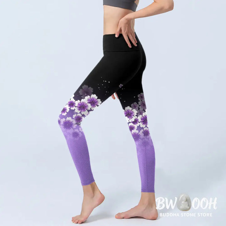 BWOOOH printed yoga leggings - White Purple Cherry Blossom Pattern Prin