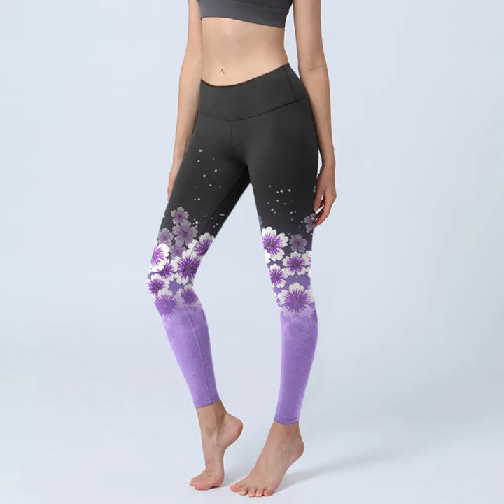 BWOOOH printed yoga leggings - White Purple Cherry Blossom Pattern Prin