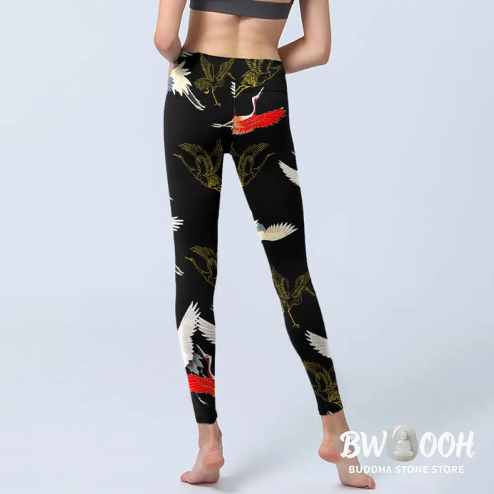 BWOOOH printed yoga leggings - White Red Gold Cranes Print Gym Leggings