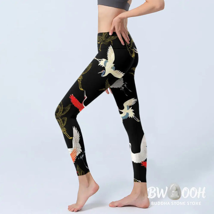 BWOOOH printed yoga leggings - White Red Gold Cranes Print Gym Leggings