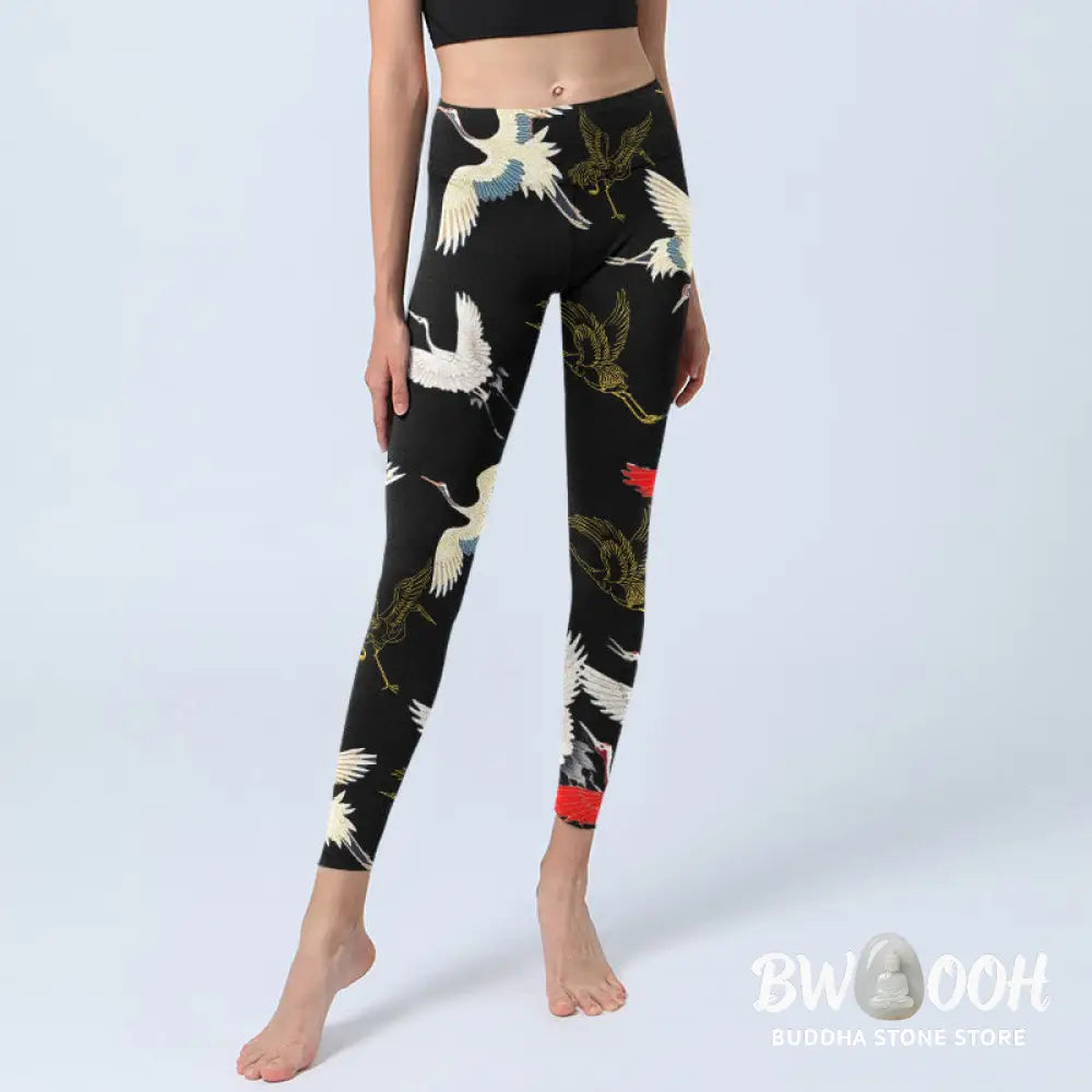 BWOOOH printed yoga leggings - White Red Gold Cranes Print Gym Leggings