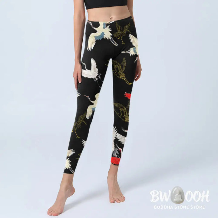 BWOOOH printed yoga leggings - White Red Gold Cranes Print Gym Leggings