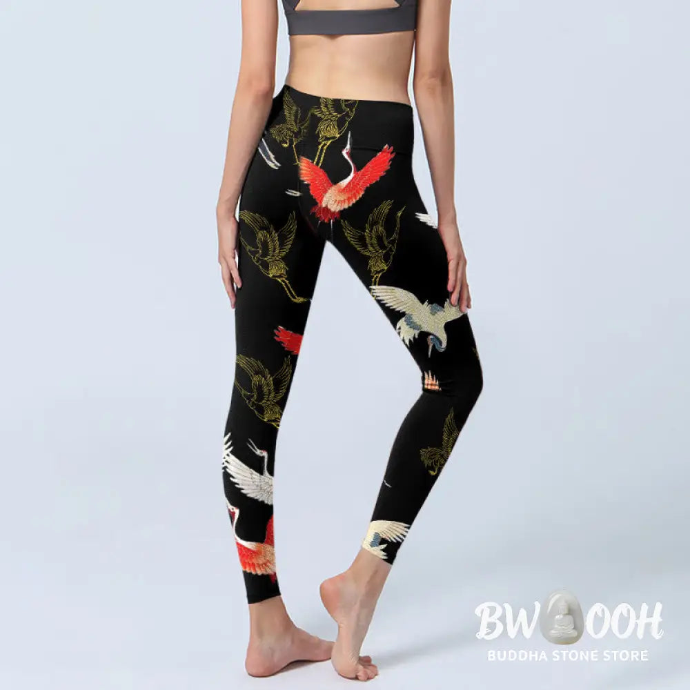 BWOOOH printed yoga leggings - White Red Gold Cranes Print Gym Leggings