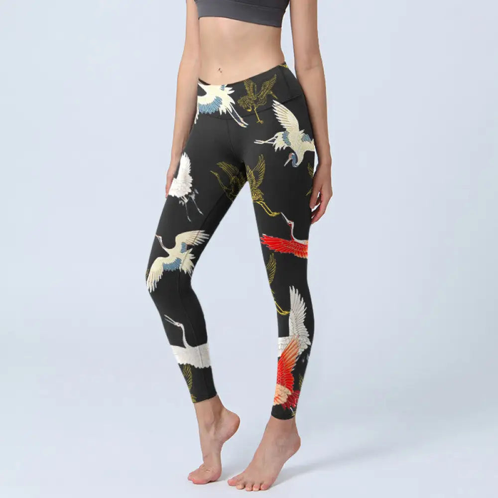 BWOOOH printed yoga leggings - White Red Gold Cranes Print Gym Leggings