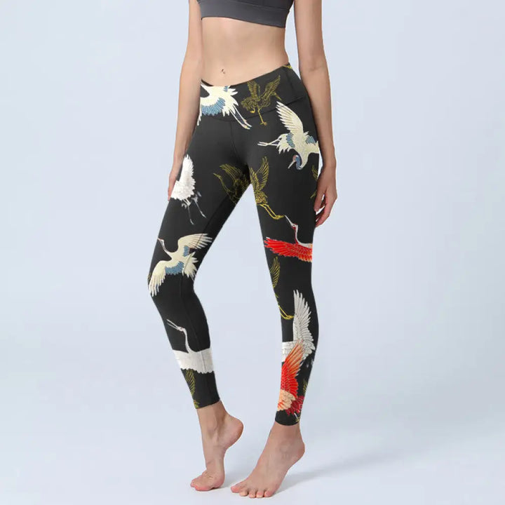 BWOOOH printed yoga leggings - White Red Gold Cranes Print Gym Leggings