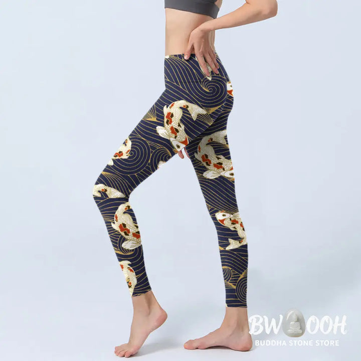 BWOOOH koi fish print yoga leggings - White Red Koi Fish Ocean Waves Print Gym