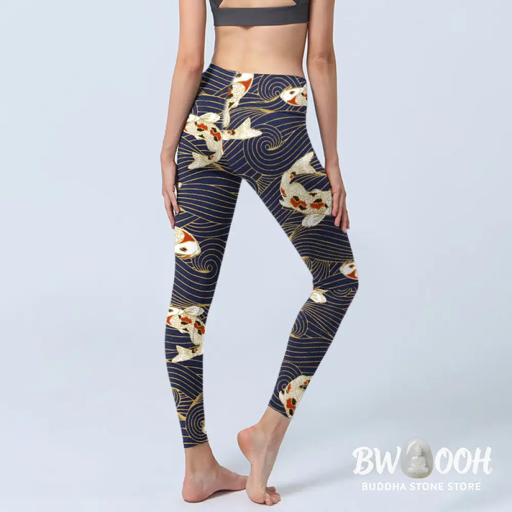 BWOOOH koi fish print yoga leggings - White Red Koi Fish Ocean Waves Print Gym