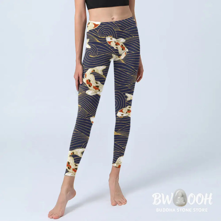 BWOOOH koi fish print yoga leggings - White Red Koi Fish Ocean Waves Print Gym