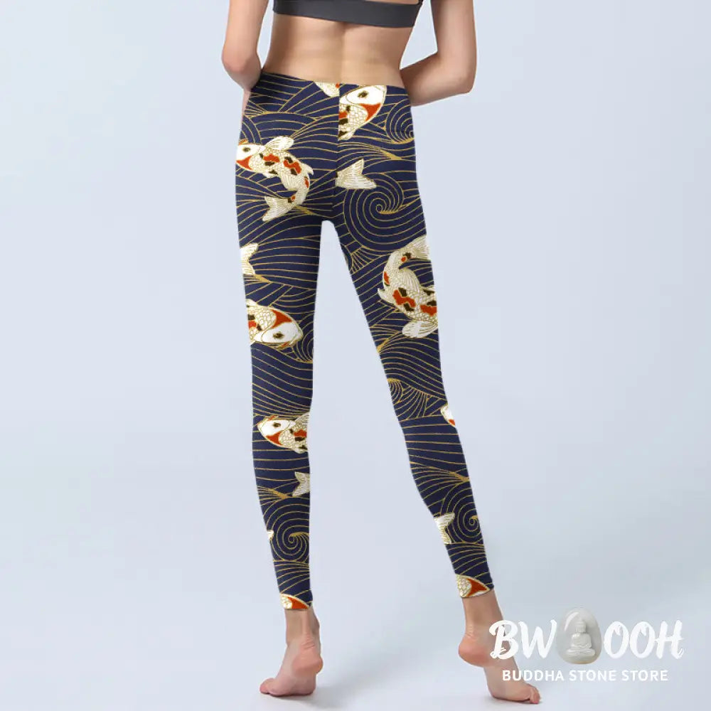 BWOOOH koi fish print yoga leggings - White Red Koi Fish Ocean Waves Print Gym