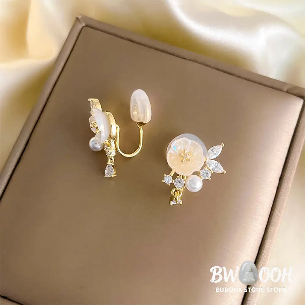Buddha Stones White Rose Flower Zircon Copper Luck Clip-on Stud Earrings - Earrings