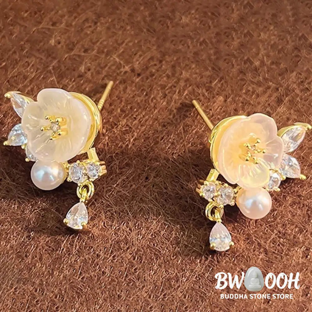Buddha Stones White Rose Flower Zircon Copper Luck Clip-on Stud Earrings - Earrings