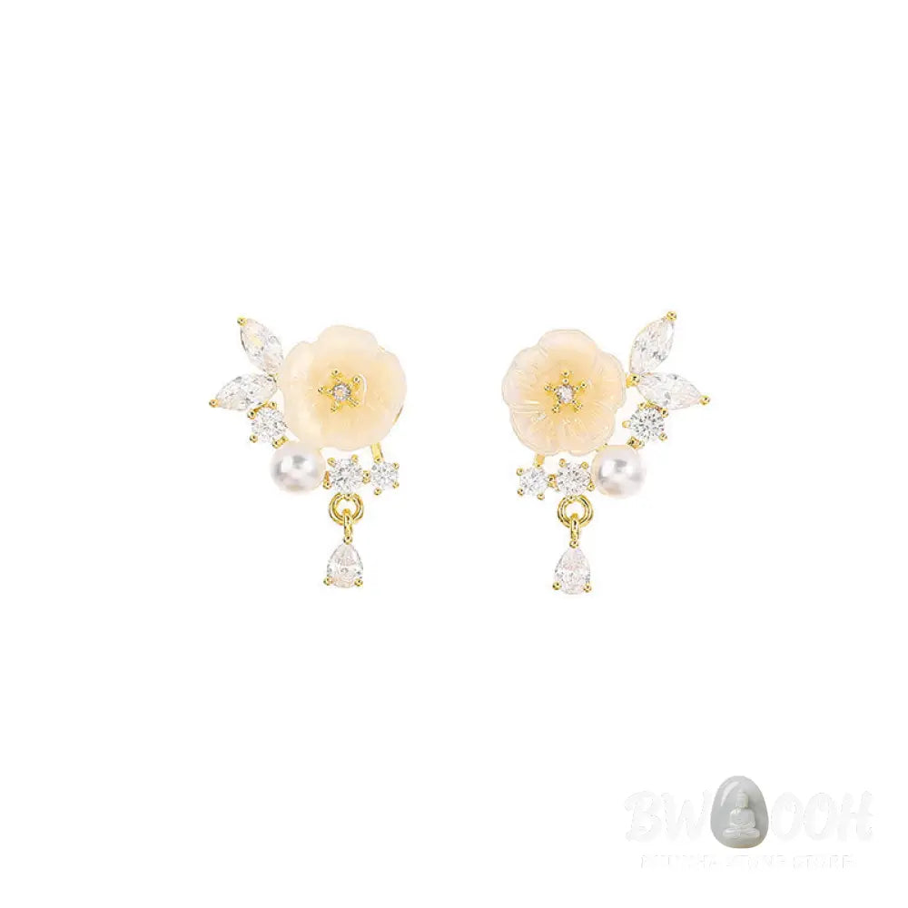 Buddha Stones White Rose Flower Zircon Copper Luck Clip-on Stud Earrings - Earrings