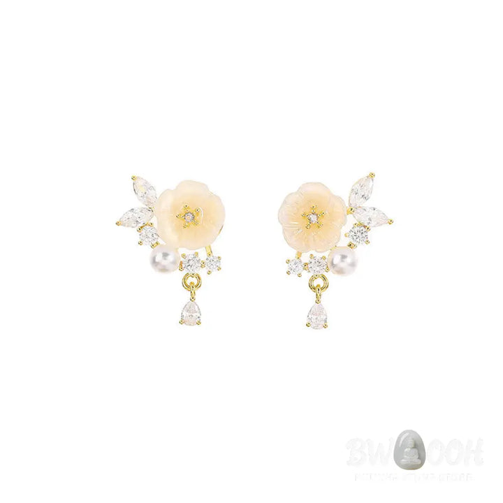 Buddha Stones White Rose Flower Zircon Copper Luck Clip-on Stud Earrings - Earrings