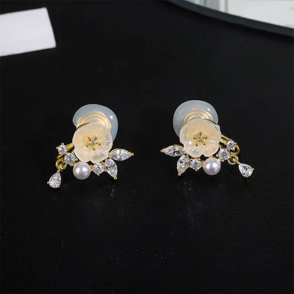 Buddha Stones White Rose Flower Zircon Copper Luck Clip-on Stud Earrings - Clip-on Earrings - Earrings
