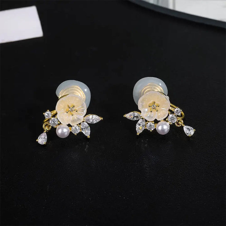 Buddha Stones White Rose Flower Zircon Copper Luck Clip-on Stud Earrings - Clip-on Earrings - Earrings