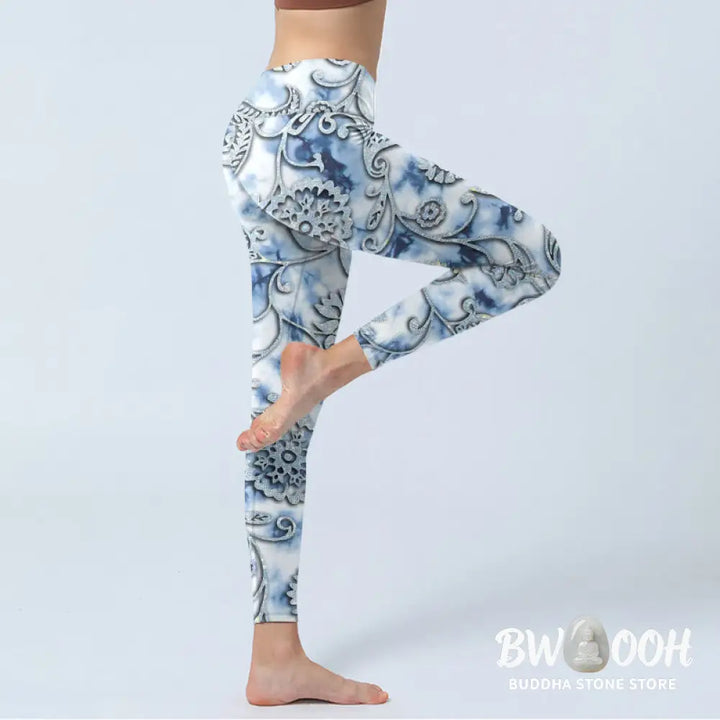 BWOOOH lotus print yoga leggings - White Round Flowers Print Exercise Leggi