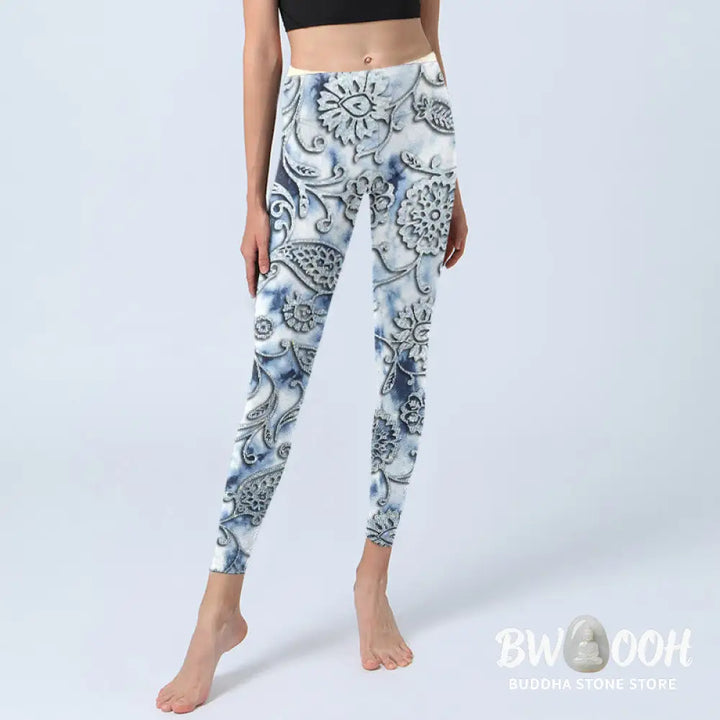 BWOOOH lotus print yoga leggings - White Round Flowers Print Exercise Leggi