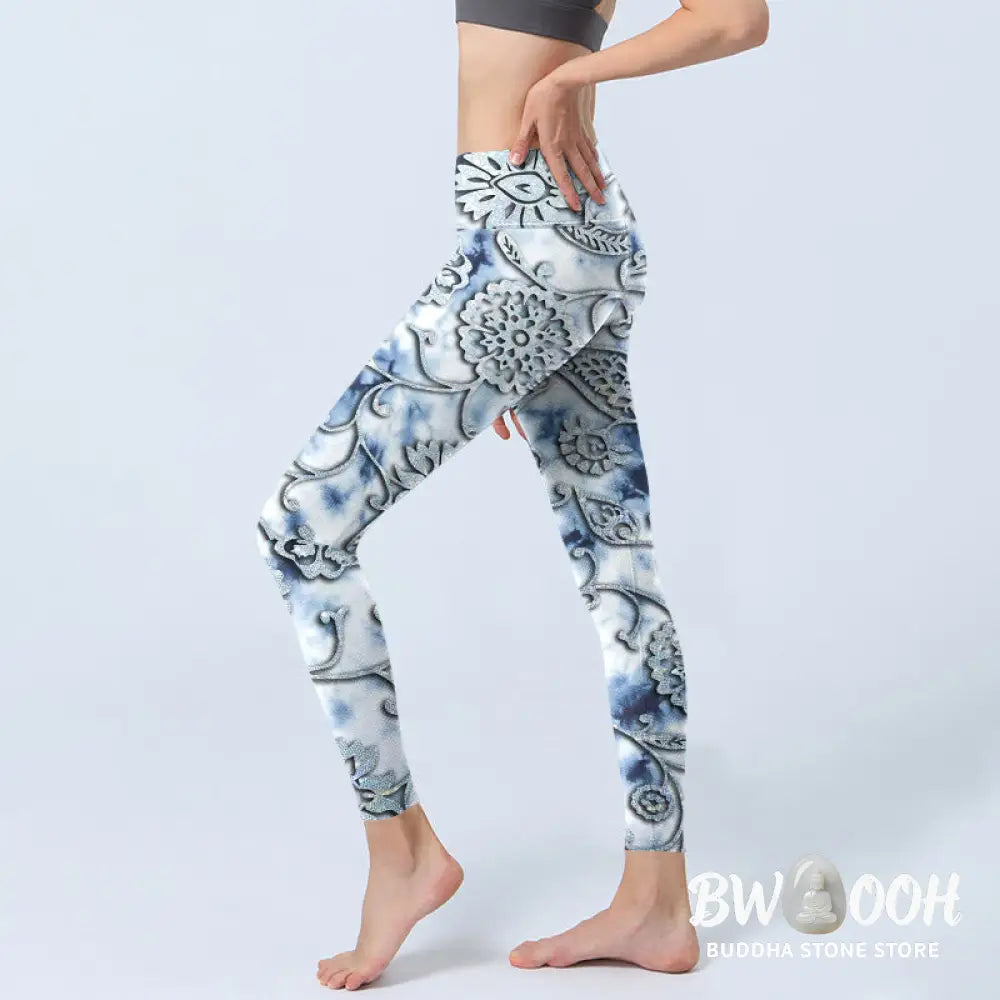 BWOOOH lotus print yoga leggings - White Round Flowers Print Exercise Leggi
