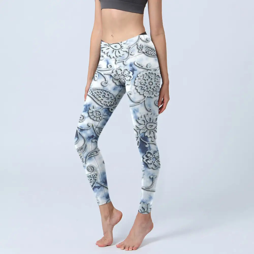 BWOOOH lotus print yoga leggings - White Round Flowers Print Exercise Leggi