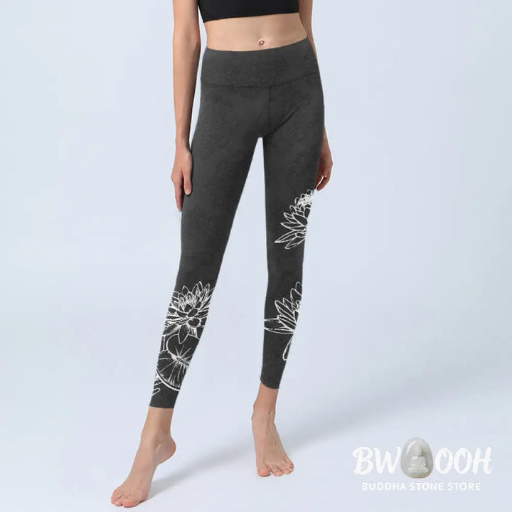 BWOOOH lotus print yoga leggings - White Sketch Lotus Flowers Leaves Print 
