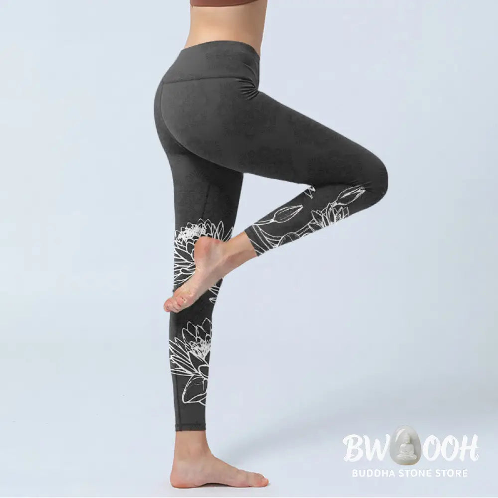 BWOOOH lotus print yoga leggings - White Sketch Lotus Flowers Leaves Print 