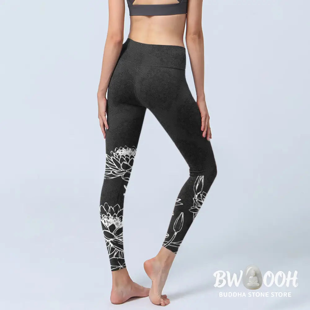 BWOOOH lotus print yoga leggings - White Sketch Lotus Flowers Leaves Print 