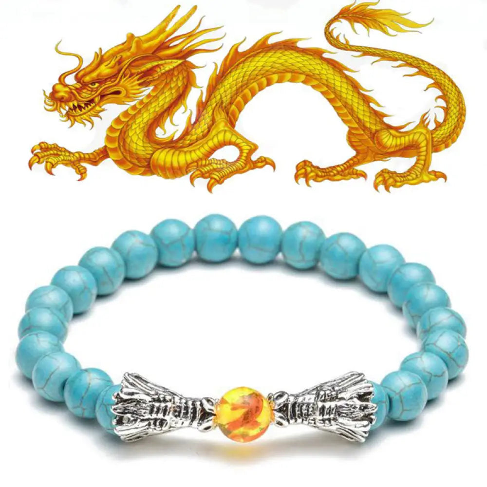 Buddha Stones White Turquoise Lava Rock Dragon Blessing Beaded Bracelet - BWOOOH - Turquoise - Bracelet