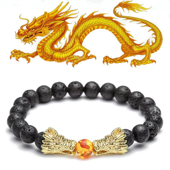 Buddha Stones White Turquoise Lava Rock Dragon Blessing Beaded Bracelet - BWOOOH - Lava Rock&amp;Gold - Bracelet