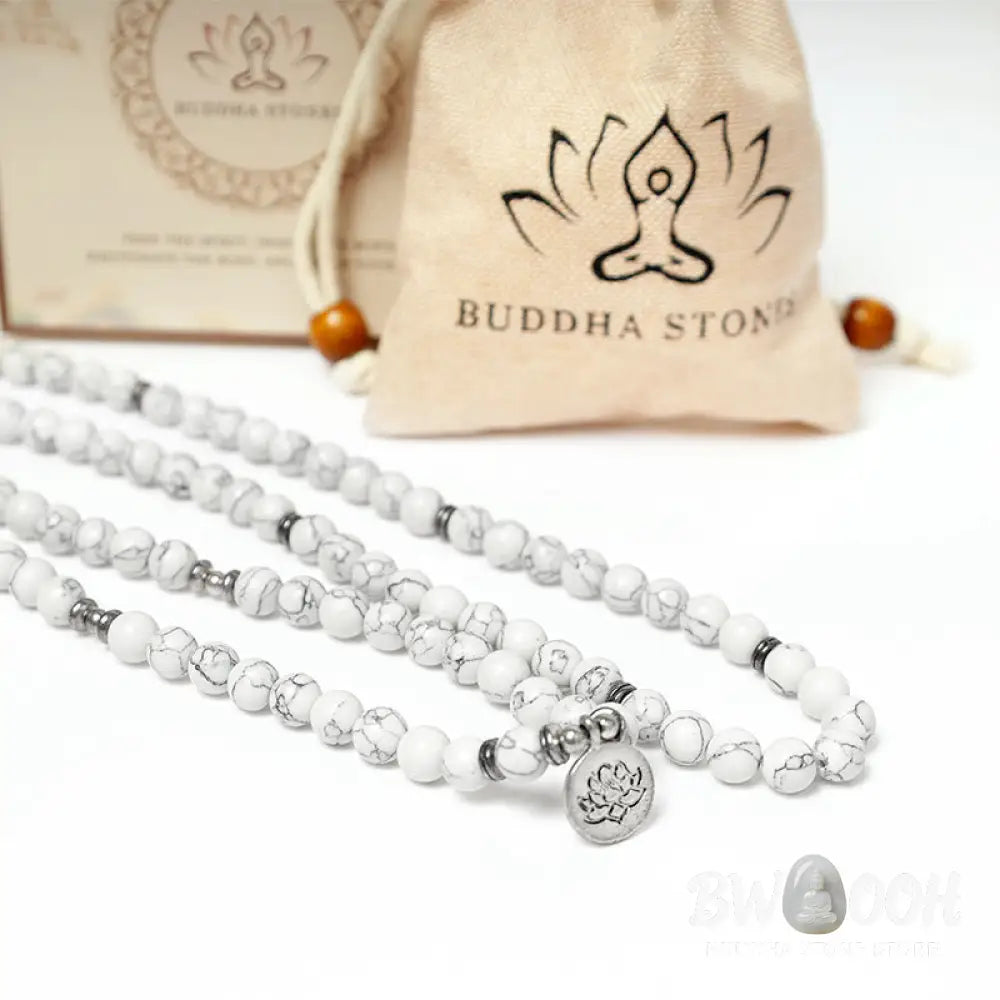 BWOOOH White Turquoise Lotus Mala Healing Bracelet: 108 polished 8mm White Turquoise beads, central lotus charm. Designed for meditation, spiritual balance, and attracting calm, positive energy. - View 7