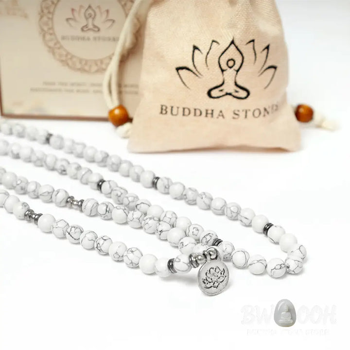 BWOOOH White Turquoise Lotus Mala Healing Bracelet: 108 polished 8mm White Turquoise beads, central lotus charm. Designed for meditation, spiritual balance, and attracting calm, positive energy. - View 7