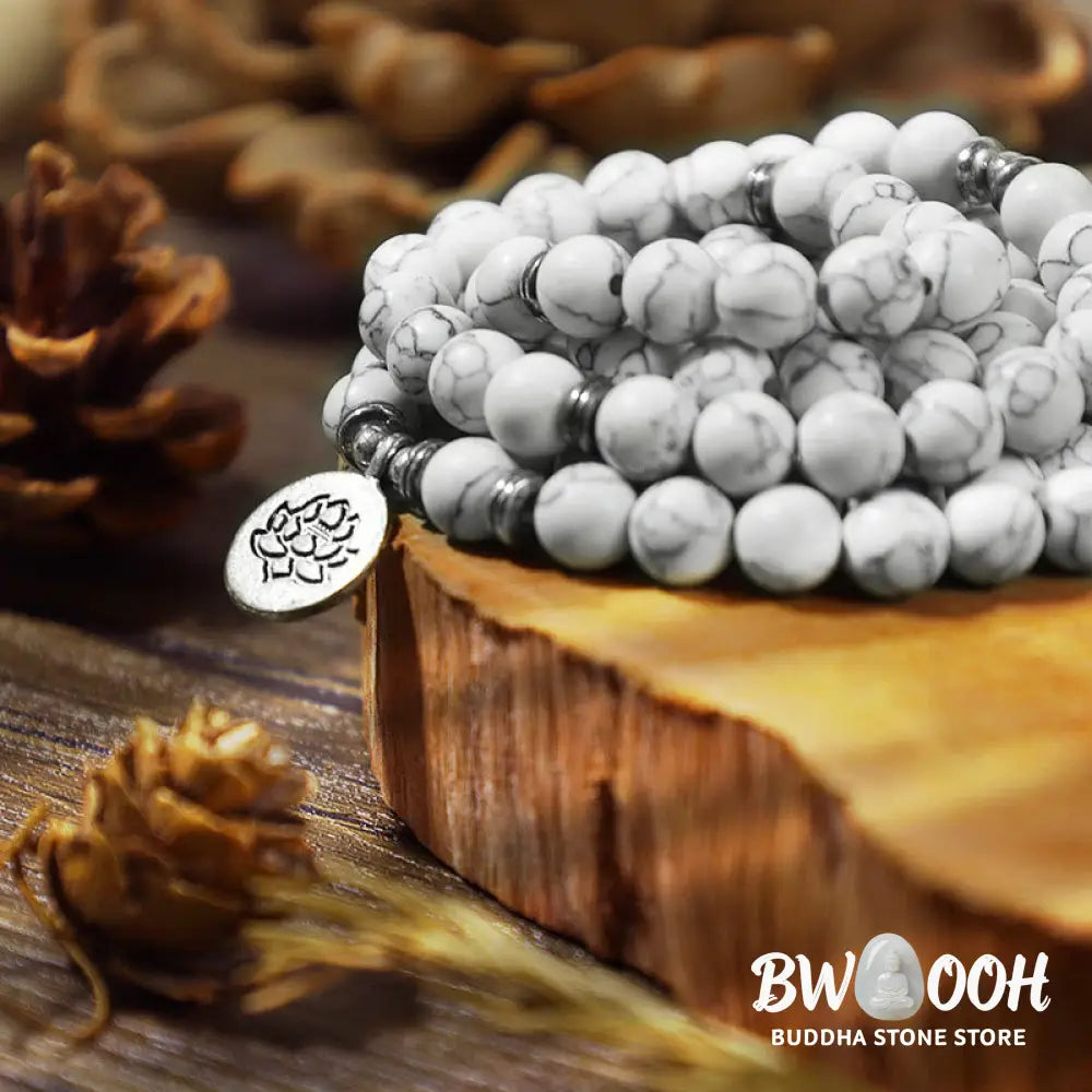BWOOOH White Turquoise Lotus Mala Healing Bracelet: 108 polished 8mm White Turquoise beads, central lotus charm. Designed for meditation, spiritual balance, and attracting calm, positive energy. - View 4