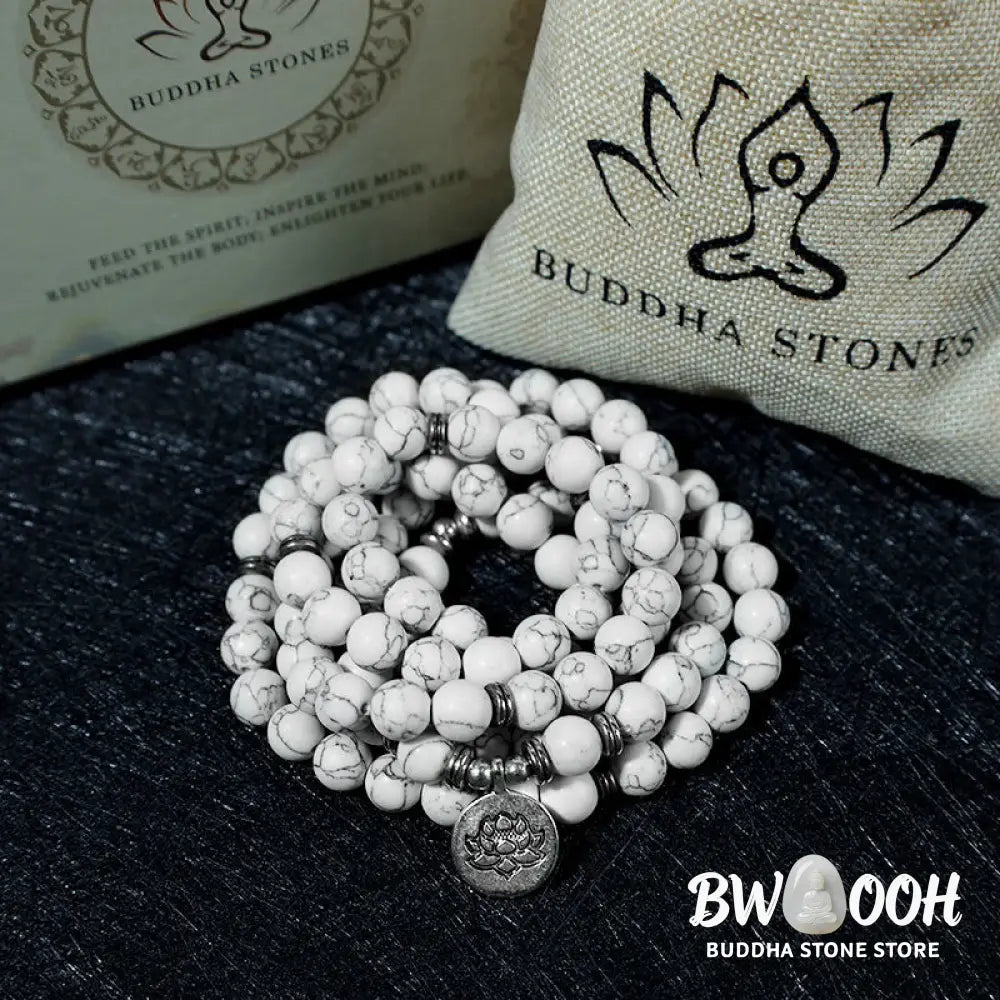 BWOOOH White Turquoise Lotus Mala Healing Bracelet: 108 polished 8mm White Turquoise beads, central lotus charm. Designed for meditation, spiritual balance, and attracting calm, positive energy. - View 6